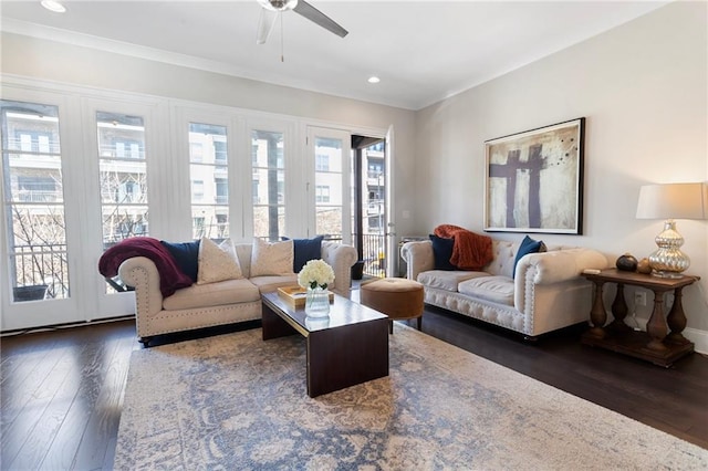 living room with ornamental molding, recessed lighting, a ceiling fan, and hardwood / wood-style floors