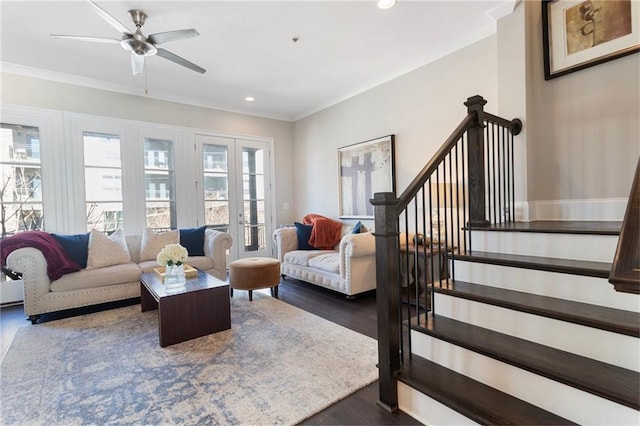 living area with recessed lighting, stairs, dark wood-style flooring, a ceiling fan, and crown molding