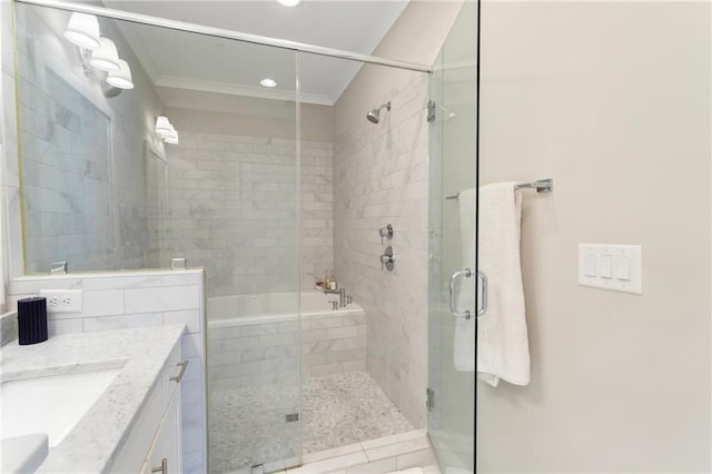 full bathroom featuring recessed lighting, a shower stall, vanity, tile patterned floors, and ornamental molding