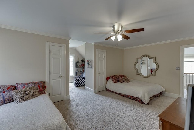 bedroom featuring ornamental molding, light carpet, ceiling fan, and baseboards