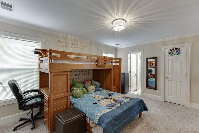 bedroom with baseboards, carpet floors, visible vents, and crown molding