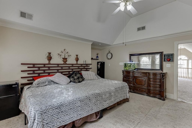 bedroom with high vaulted ceiling, carpet, visible vents, and crown molding