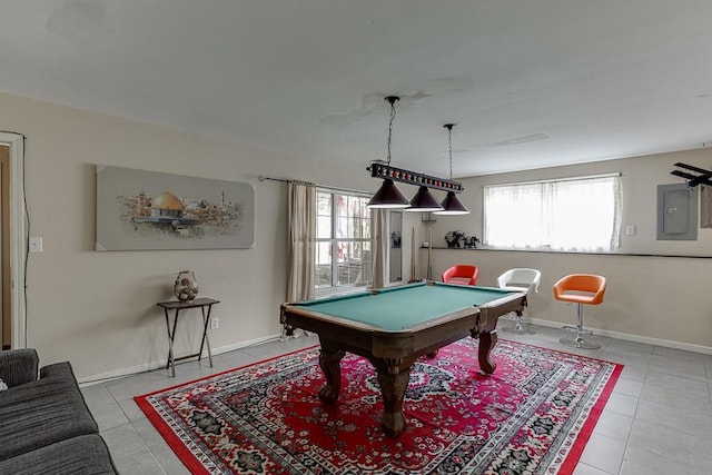 game room featuring pool table, tile patterned flooring, and baseboards