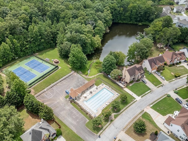 aerial view featuring a water view and a residential view