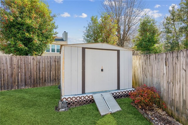 view of shed with a fenced backyard