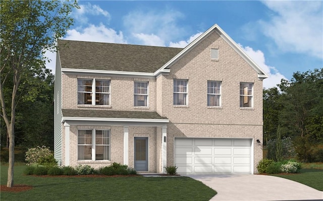 traditional-style home featuring brick siding, an attached garage, concrete driveway, and a front yard