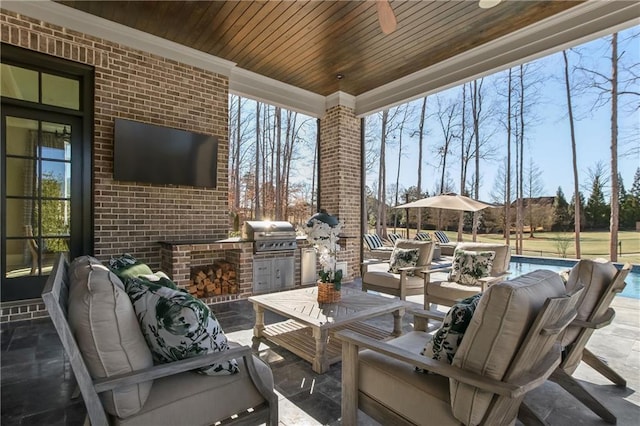 view of patio / terrace featuring a ceiling fan, a grill, an outdoor pool, and an outdoor hangout area