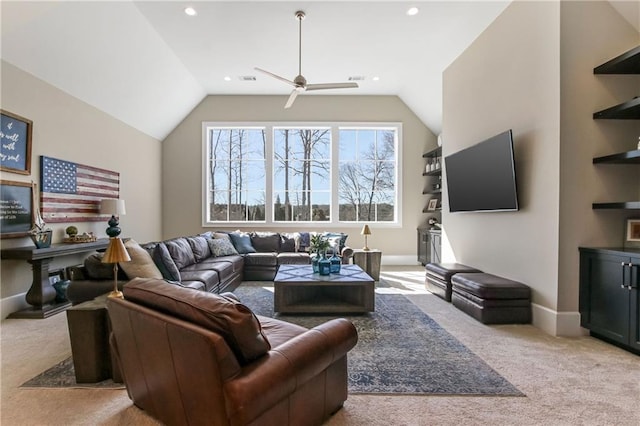 carpeted living room with recessed lighting, vaulted ceiling, and baseboards