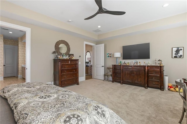 bedroom with recessed lighting, light colored carpet, ceiling fan, and visible vents