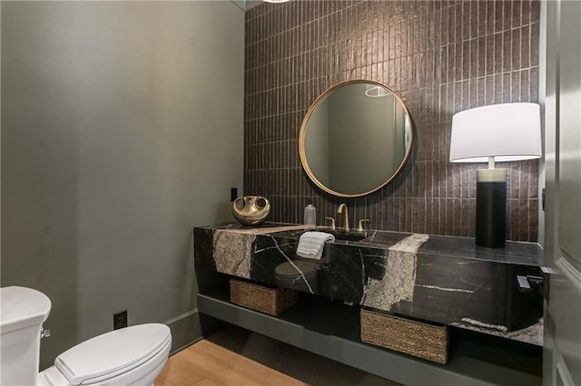 bathroom featuring baseboards, vanity, toilet, and wood finished floors