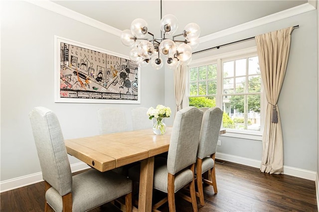 dining area with baseboards, a chandelier, dark wood-type flooring, and ornamental molding