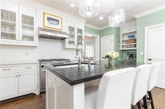 kitchen featuring under cabinet range hood, high end stove, dark wood-type flooring, a sink, and crown molding
