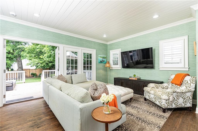 living room with healthy amount of natural light, ornamental molding, wood finished floors, recessed lighting, and wooden ceiling