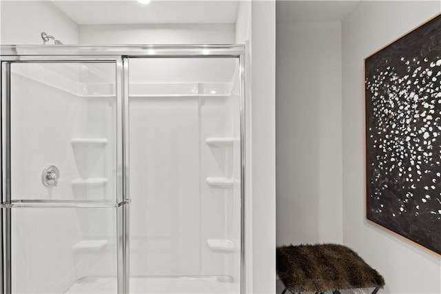 bathroom with a shower with shower door