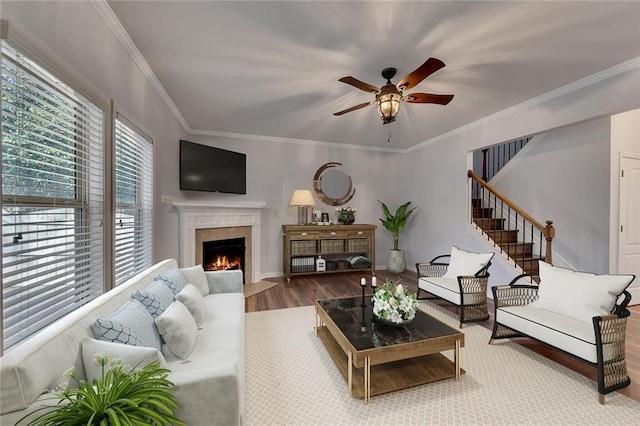 living room with hardwood / wood-style flooring, ceiling fan, and crown molding