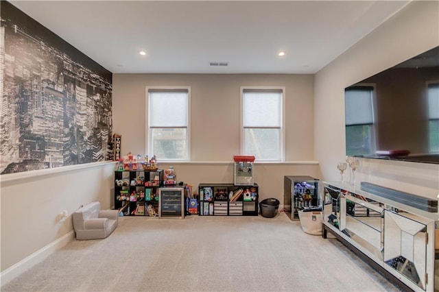 playroom with recessed lighting, carpet, and visible vents