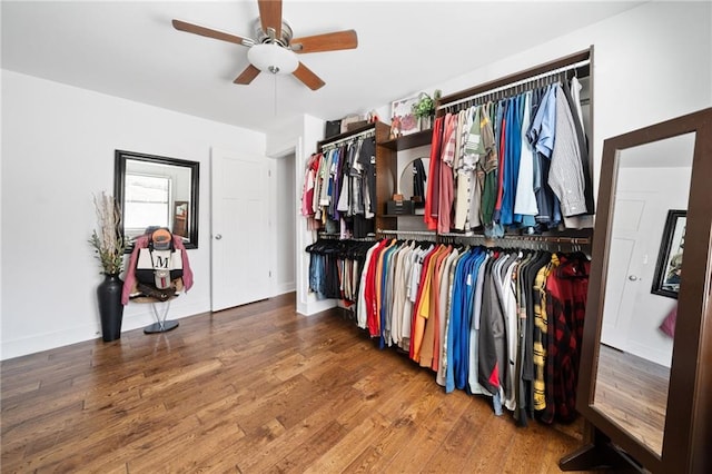 spacious closet featuring wood finished floors and a ceiling fan
