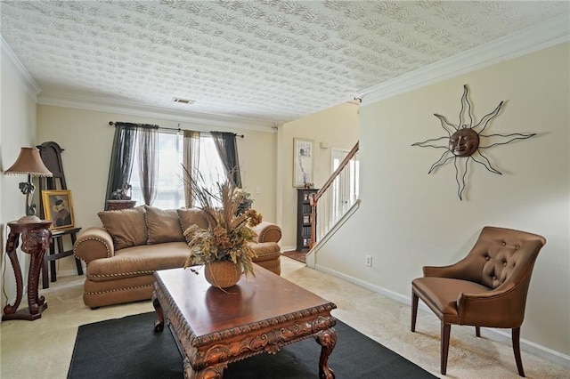 carpeted living room with ornamental molding and a textured ceiling