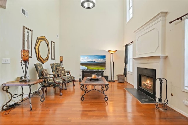 sitting room with light hardwood / wood-style flooring, a high ceiling, and a wealth of natural light