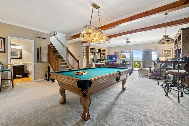 game room with light colored carpet, billiards table, beam ceiling, and crown molding