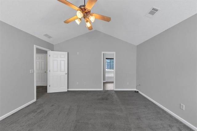 2165 Capella Cir S, Fulton, GA 30331 - unfurnished bedroom with vaulted ceiling, dark colored carpet, a ceiling fan, and connected bathroom