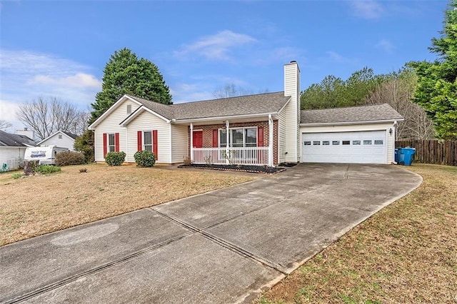 ranch-style home with driveway, a chimney, a porch, fence, and a front lawn