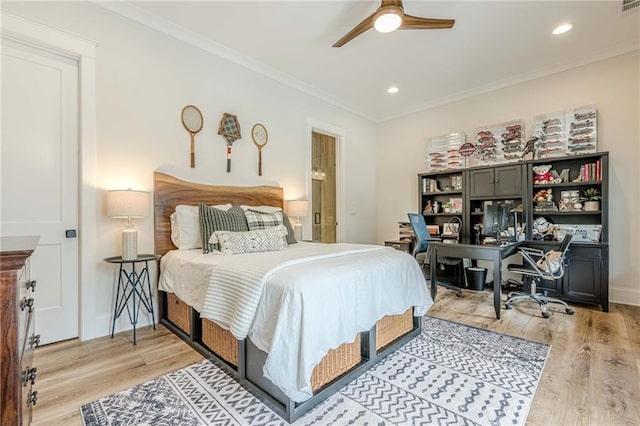 6301 New Bethany Rd, Buford, GA 30518 - bedroom featuring light wood-type flooring, ornamental molding, a desk, recessed lighting, and ceiling fan