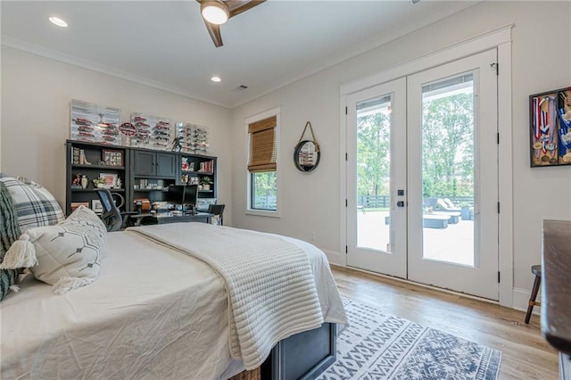 6301 New Bethany Rd, Buford, GA 30518 - bedroom with french doors, access to outside, light wood-type flooring, ornamental molding, and recessed lighting