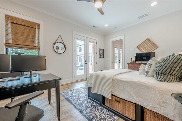 6301 New Bethany Rd, Buford, GA 30518 - bedroom with light wood finished floors, access to exterior, crown molding, recessed lighting, and baseboards