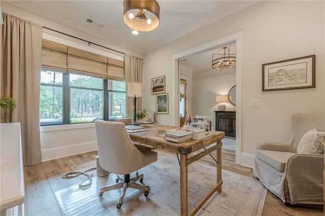 6301 New Bethany Rd, Buford, GA 30518 - office space with a chandelier, ornamental molding, baseboards, and light wood-style flooring