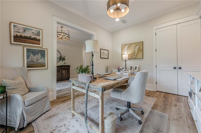 6301 New Bethany Rd, Buford, GA 30518 - office featuring a chandelier, light wood-style flooring, ornamental molding, and baseboards