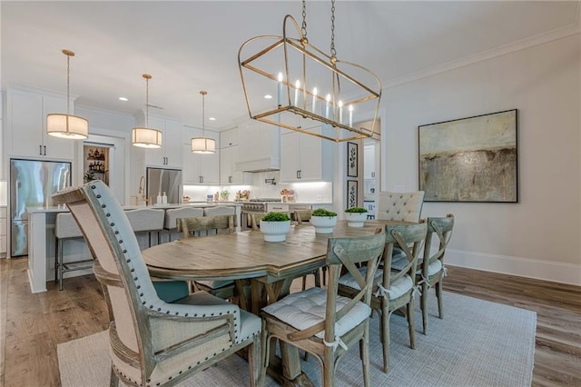 6301 New Bethany Rd, Buford, GA 30518 - dining room with crown molding, baseboards, recessed lighting, wood finished floors, and a chandelier