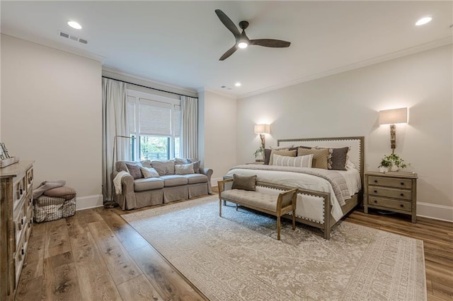 6301 New Bethany Rd, Buford, GA 30518 - bedroom featuring ornamental molding, baseboards, wood finished floors, a ceiling fan, and recessed lighting