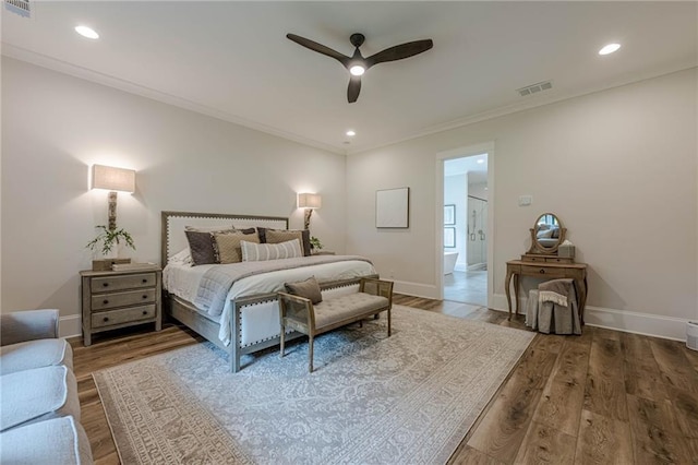 6301 New Bethany Rd, Buford, GA 30518 - bedroom with wood finished floors, baseboards, crown molding, ceiling fan, and recessed lighting