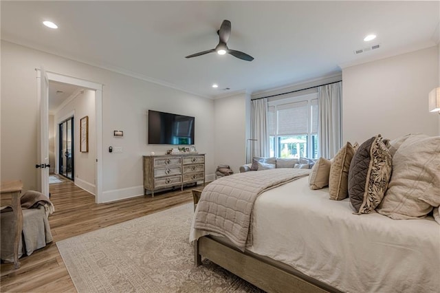 6301 New Bethany Rd, Buford, GA 30518 - bedroom with light wood finished floors, ornamental molding, baseboards, a ceiling fan, and recessed lighting