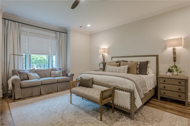 6301 New Bethany Rd, Buford, GA 30518 - bedroom featuring wood finished floors, crown molding, ceiling fan, and recessed lighting