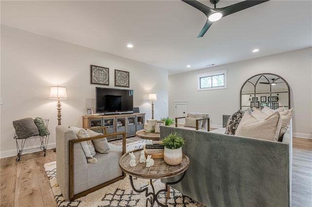 6301 New Bethany Rd, Buford, GA 30518 - living area with light wood-style floors, recessed lighting, baseboards, and a ceiling fan