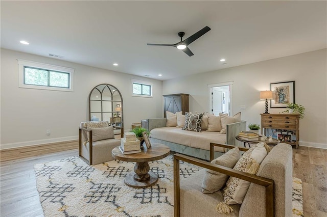6301 New Bethany Rd, Buford, GA 30518 - living area featuring wood finished floors, a ceiling fan, baseboards, and recessed lighting