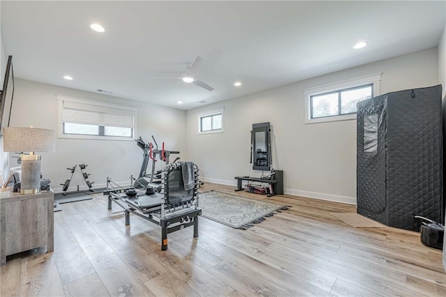6301 New Bethany Rd, Buford, GA 30518 - exercise room with a ceiling fan, healthy amount of natural light, light wood-type flooring, baseboards, and recessed lighting
