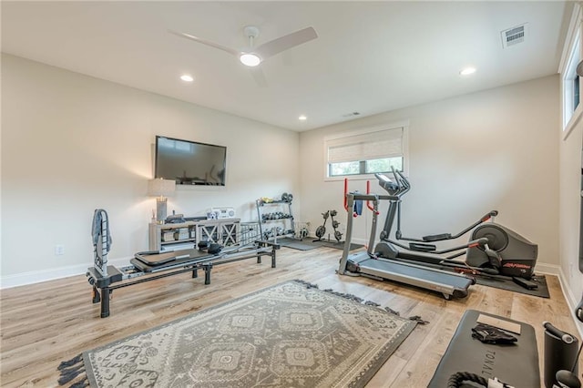 6301 New Bethany Rd, Buford, GA 30518 - exercise area featuring wood finished floors, ceiling fan, baseboards, and recessed lighting