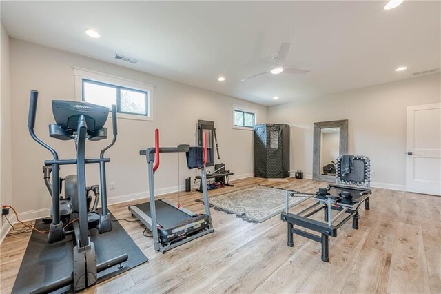 6301 New Bethany Rd, Buford, GA 30518 - workout room with wood finished floors, ceiling fan, recessed lighting, and baseboards