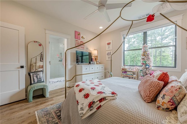 6301 New Bethany Rd, Buford, GA 30518 - bedroom with light wood-style flooring, connected bathroom, a ceiling fan, and recessed lighting
