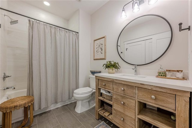 6301 New Bethany Rd, Buford, GA 30518 - bathroom with toilet, shower / bath combo with shower curtain, vanity, and tile patterned floors