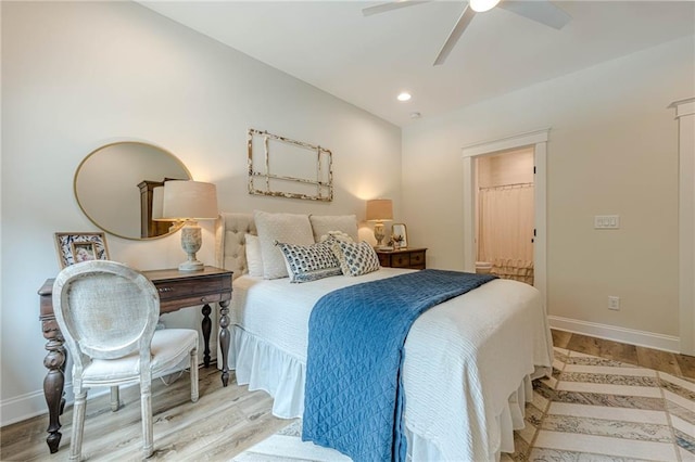 6301 New Bethany Rd, Buford, GA 30518 - bedroom featuring baseboards, a ceiling fan, recessed lighting, light wood-style flooring, and connected bathroom