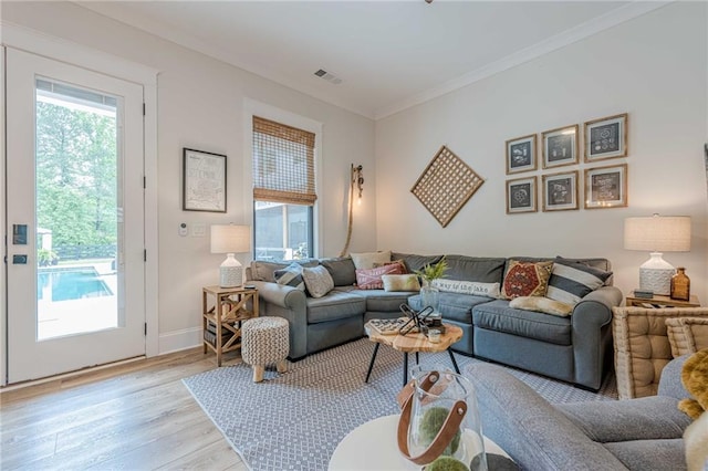 6301 New Bethany Rd, Buford, GA 30518 - living area featuring plenty of natural light, light wood finished floors, ornamental molding, and baseboards