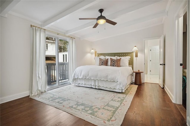 bedroom featuring ceiling fan, beam ceiling, access to exterior, and dark wood-type flooring