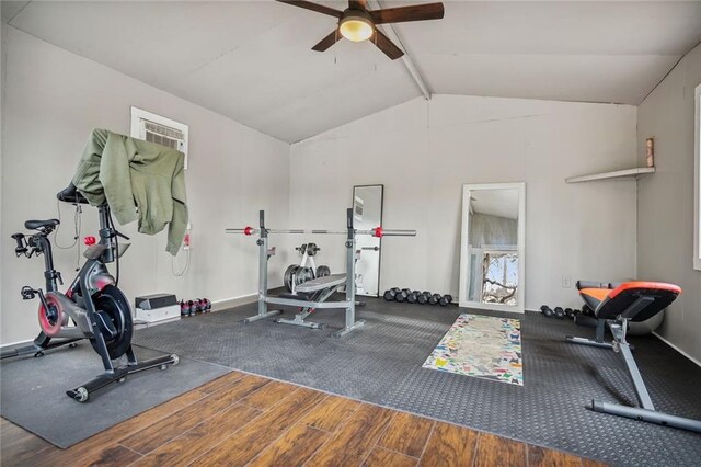 workout area featuring french doors, plenty of natural light, lofted ceiling, and ceiling fan