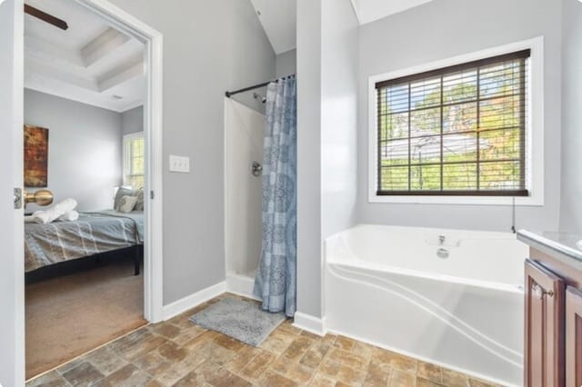 bathroom featuring independent shower and bath, vanity, and ceiling fan