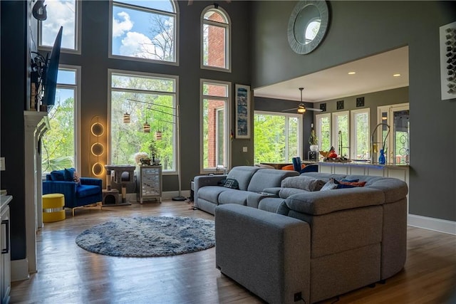living area with baseboards, a ceiling fan, a high ceiling, and wood finished floors