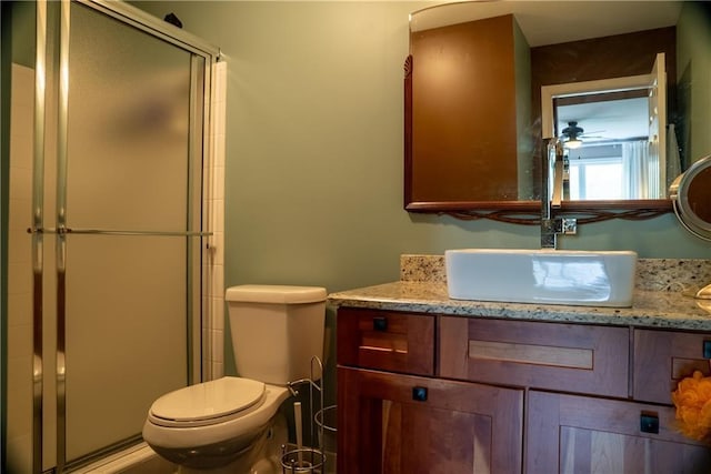 bathroom with a shower stall, vanity, and toilet